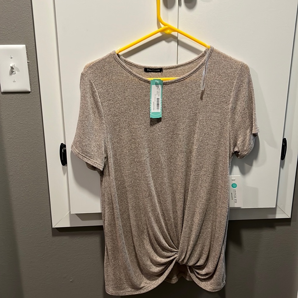 Taupe top with knot at the bottom